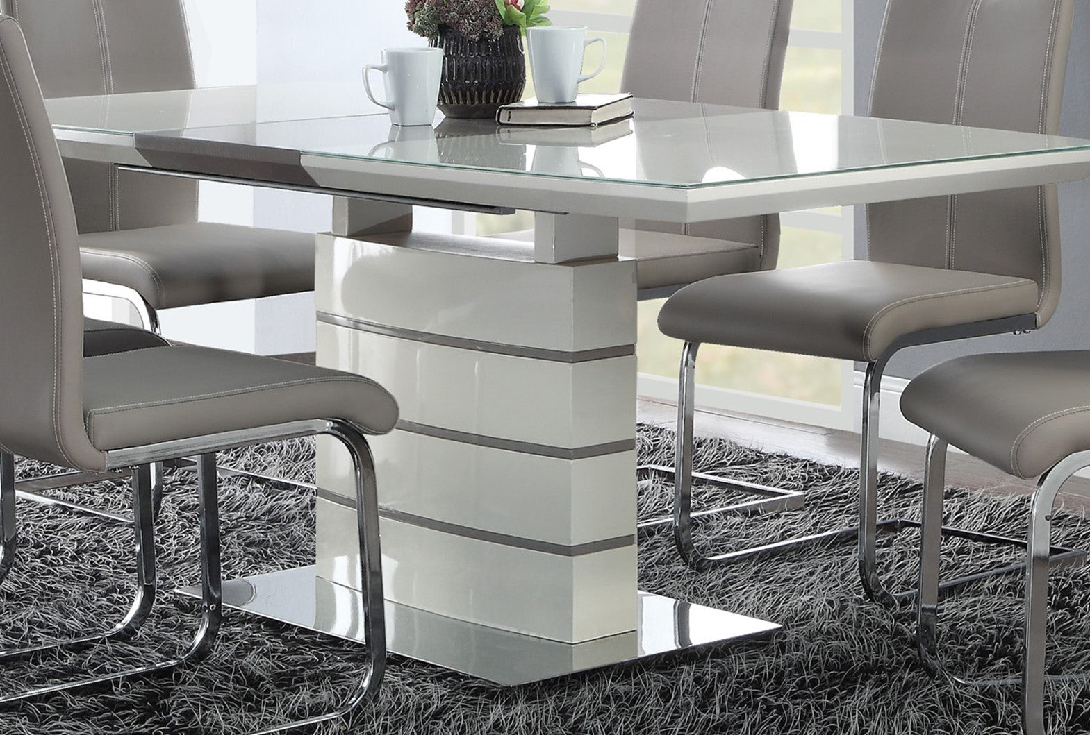 Ultra-Modern Off White Metal & Wood Dining Set with Storage Leaf and Chairs