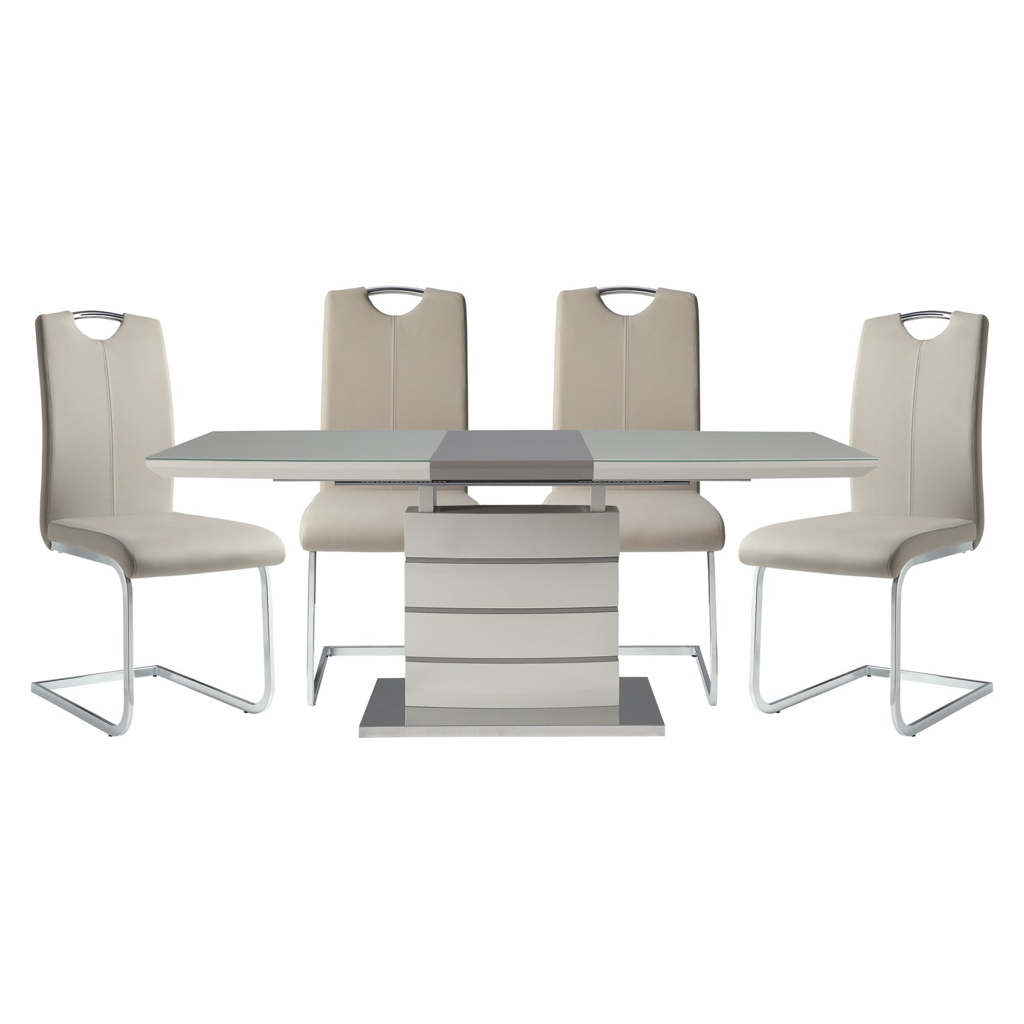 Modern Sleek Design 5pc Dining Set Table with Self-Storing Leaf and 4x Side Chairs Metal Frame Contemporary Dining Room Furniture