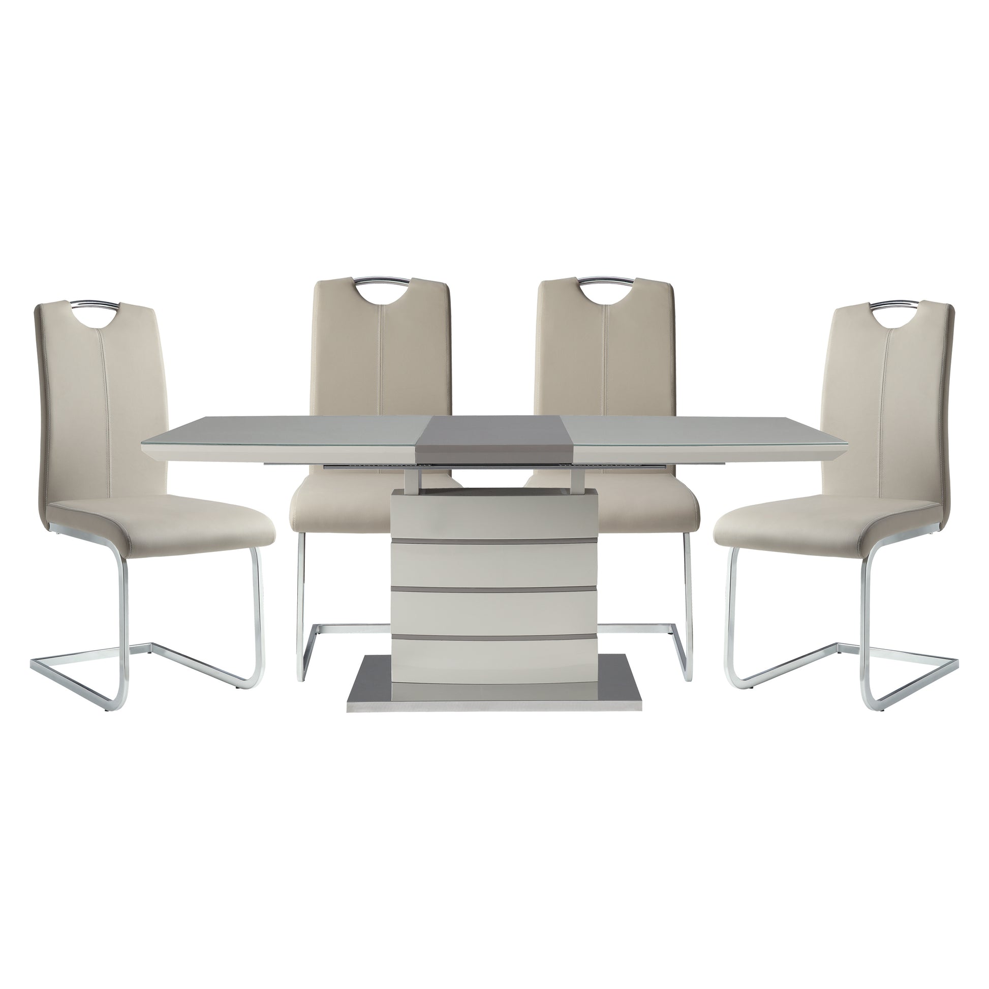 Modern Sleek Design 5pc Dining Set Table with Self-Storing Leaf and 4x Side Chairs Metal Frame Contemporary Dining Room Furniture