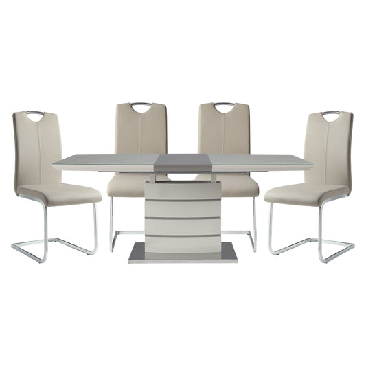 Modern Sleek Design 5pc Dining Set Table with Self-Storing Leaf and 4x Side Chairs Metal Frame Contemporary Dining Room Furniture
