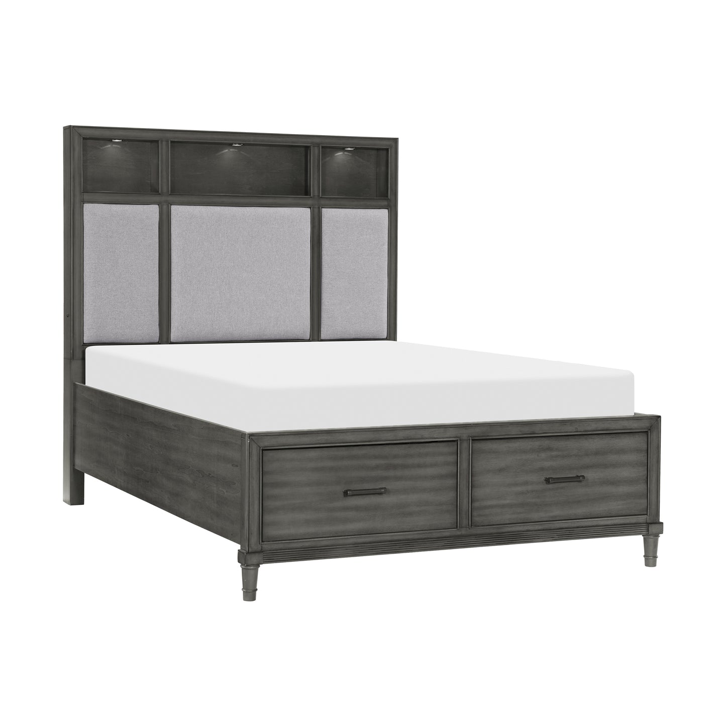 Gray Queen Storage Bed with Upholstered Headboard for Bedroom