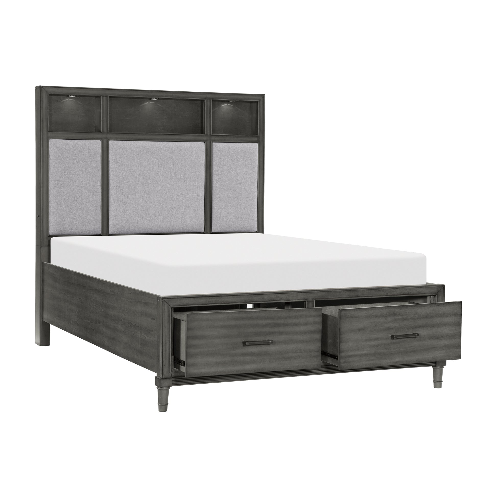 Gray Queen Storage Bed with Upholstered Headboard for Bedroom