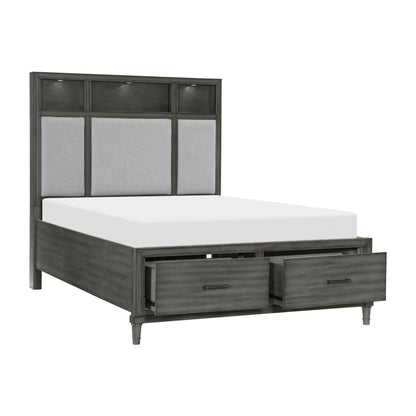 Gray Queen Storage Bed with Upholstered Headboard for Bedroom