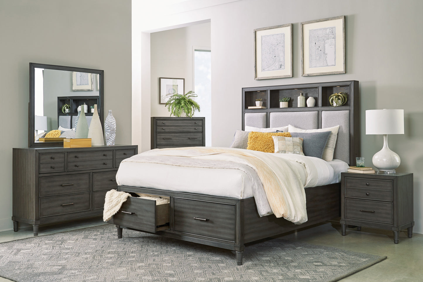 Gray Queen Storage Bed with Upholstered Headboard for Bedroom