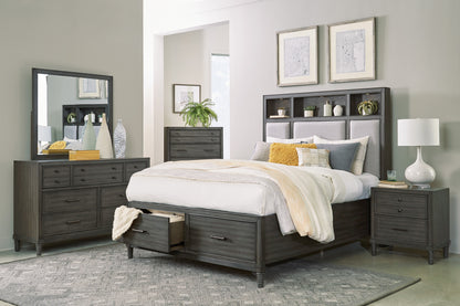 Gray Queen Storage Bed with Upholstered Headboard for Bedroom