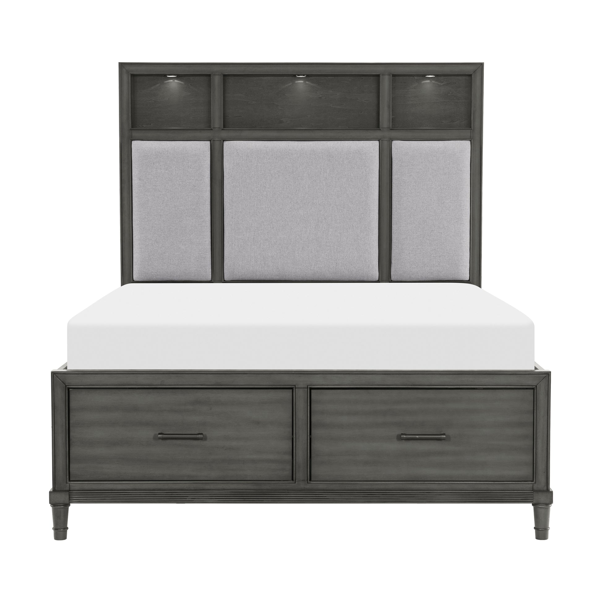 Gray Queen Platform Bed w Storage Drawers Upholstered Headboard USB Ports LED Lights Bedroom Furniture Transitional Style