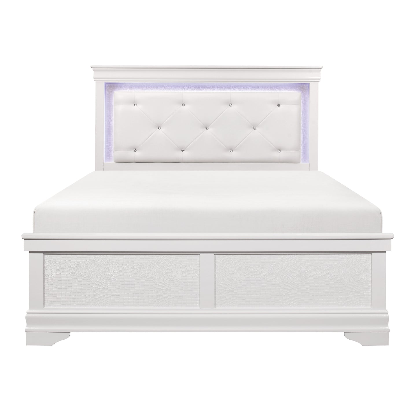 Traditional Design White Finish 1pc Queen Size Bed Button-Tufted Upholstered LED Headboard Faux Alligator Embossed Panels