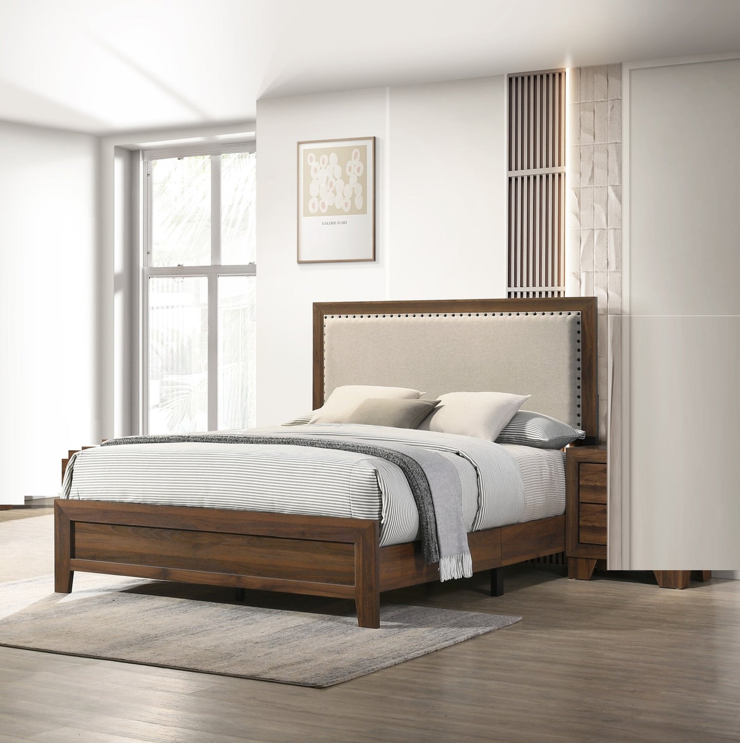 Queen Brown Wood Bed Frame with Upholstered Headboard