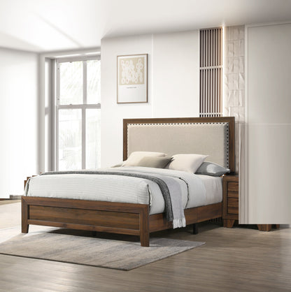 Queen Brown Wood Bed Frame with Upholstered Headboard