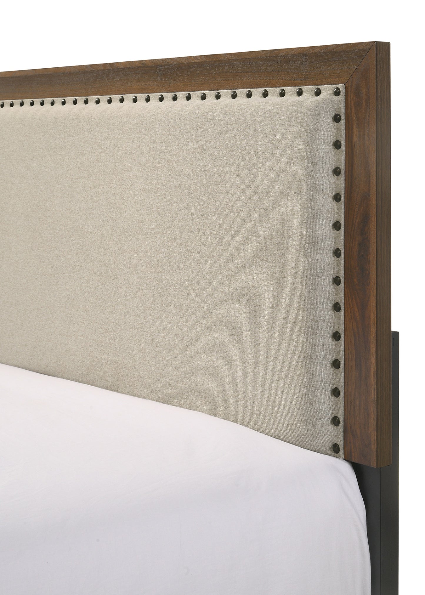 Queen Brown Wood Bed Frame with Upholstered Headboard