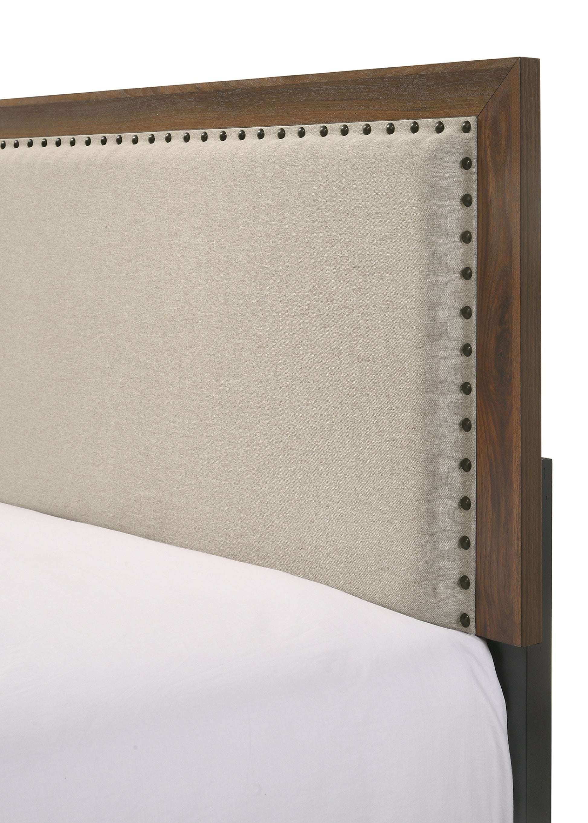 Queen Brown Wood Bed Frame with Upholstered Headboard