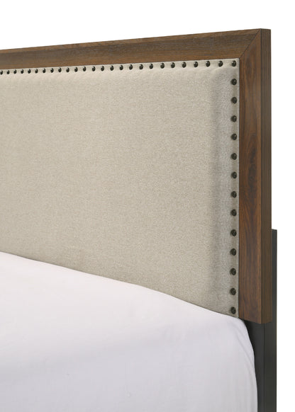 Queen Brown Wood Bed Frame with Upholstered Headboard