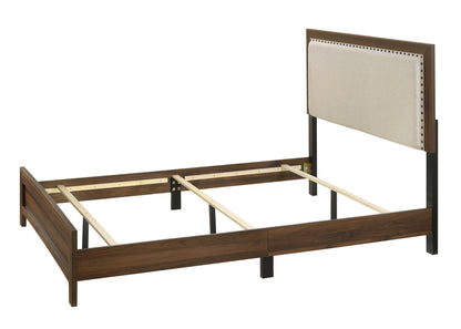 Queen Brown Wood Bed Frame with Upholstered Headboard