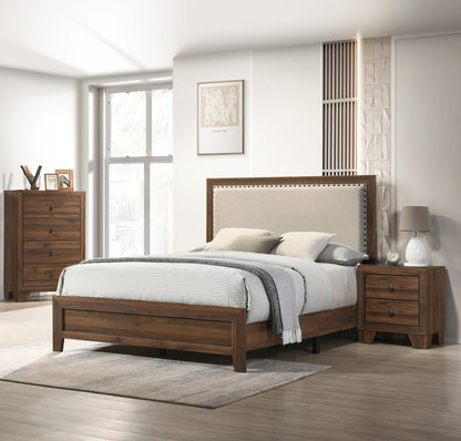Queen Brown Wood Bed Frame with Upholstered Headboard