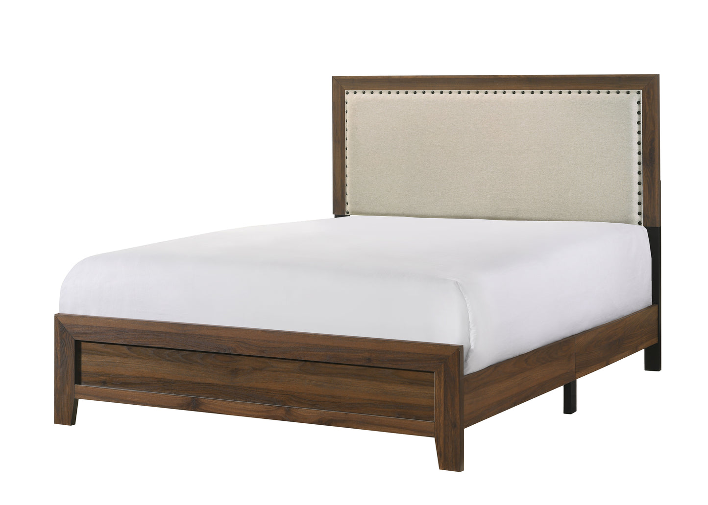 Brown Cherry Finish Fabric Upholstered Headboard Tufted Nailhead Trim 1pc Queen Size Panel Bed Beautiful Wooden Bedroom Furniture