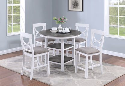 Counter Height Dining Table w Storage Shelve 4x Chairs Padded Seat Unique Design Back 5pc Dining Set White Color