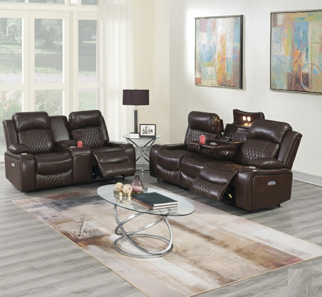 Modern Elegant Power Motion 2pc Living Room Set 1x Loveseat 1x Sofa Pillow Armrest Built In USB Port Adjustable Headrest Cup Holder Brown Finish Primary Living Room Furniture