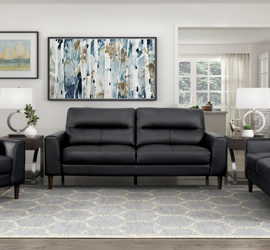 Modern Living Room Furniture Black Top Grain Leather Sofa 1pc Cushion Seat and Back Solid Wood Frame