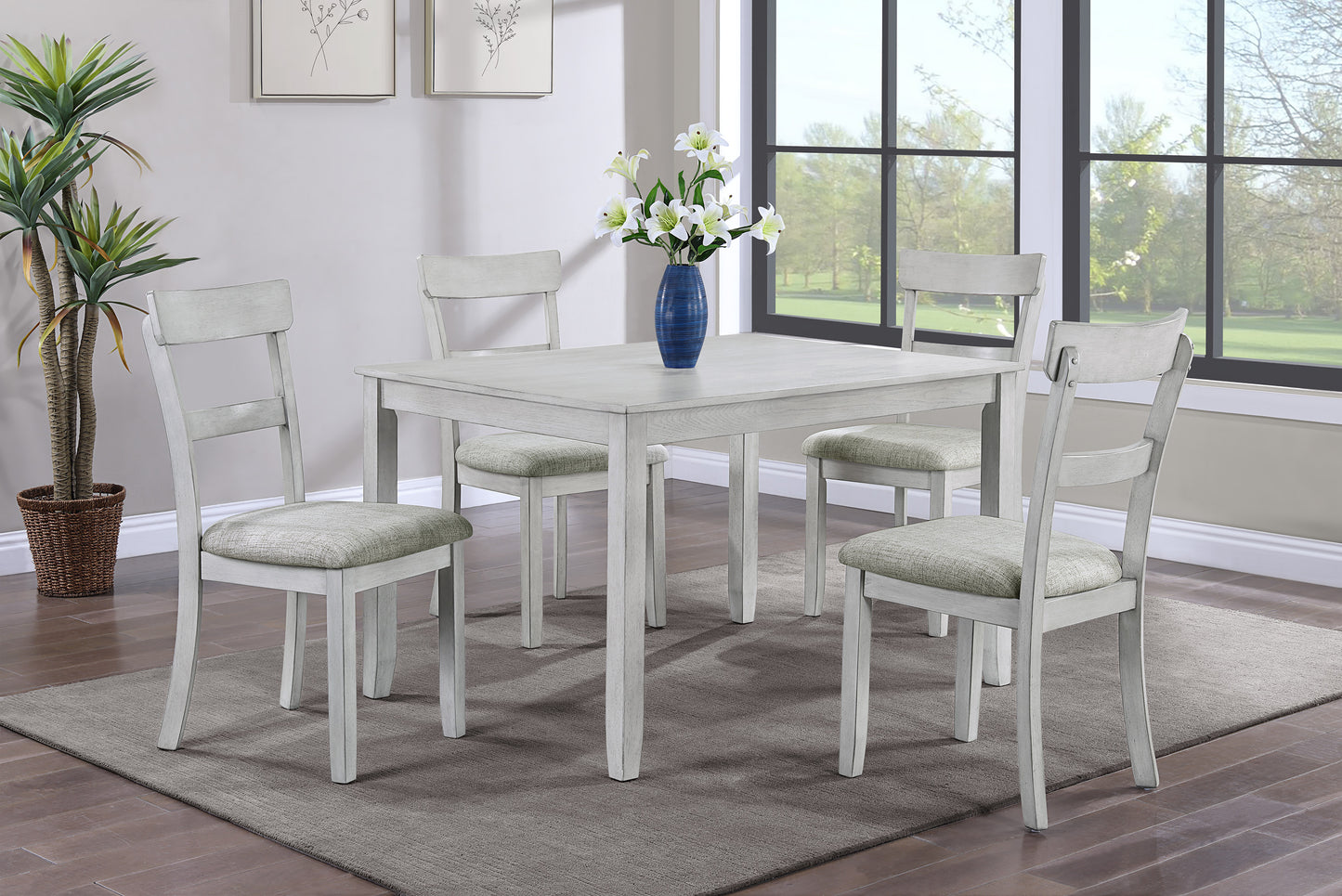 Rustic Farmhouse Transitional 5-Piece Dining Set Rectangular Table Linen Look Fabric Upholstered Chair Seat Wooden Dining Room Furniture White/Gray Drift Wood Finish Dinette