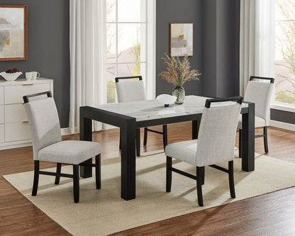 5pc Dining Set Contemporary Style White Faux Marble Rectangular Table Full Back Upholstered Chairs Light Gray Black Finish Dining Room Wooden Furniture