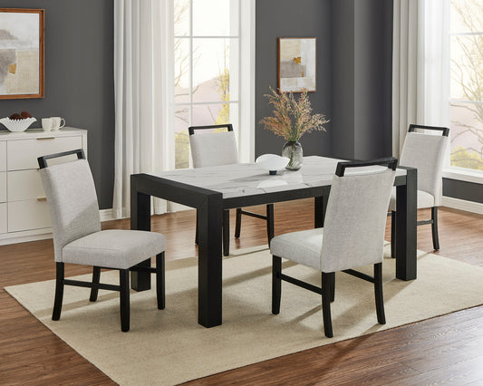 5pc Dining Set Contemporary Style White Faux Marble Rectangular Table Full Back Upholstered Chairs Light Gray Black Finish Dining Room Wooden Furniture