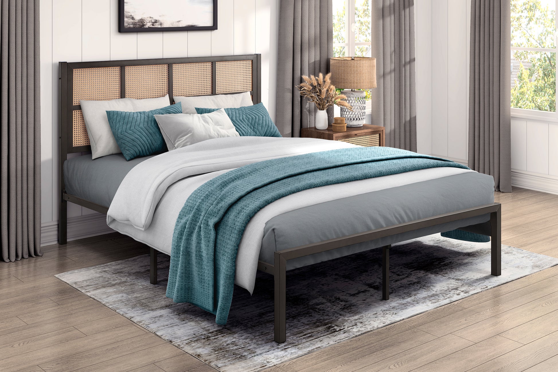 1pc Queen Platform Bed, Metal Frame Dark Bronze Finish Faux Cane Panel Headboard Casual Coastal Bedroom Furniture, Bed in a Box