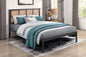 1pc Queen Platform Bed, Metal Frame Dark Bronze Finish Faux Cane Panel Headboard Casual Coastal Bedroom Furniture, Bed in a Box