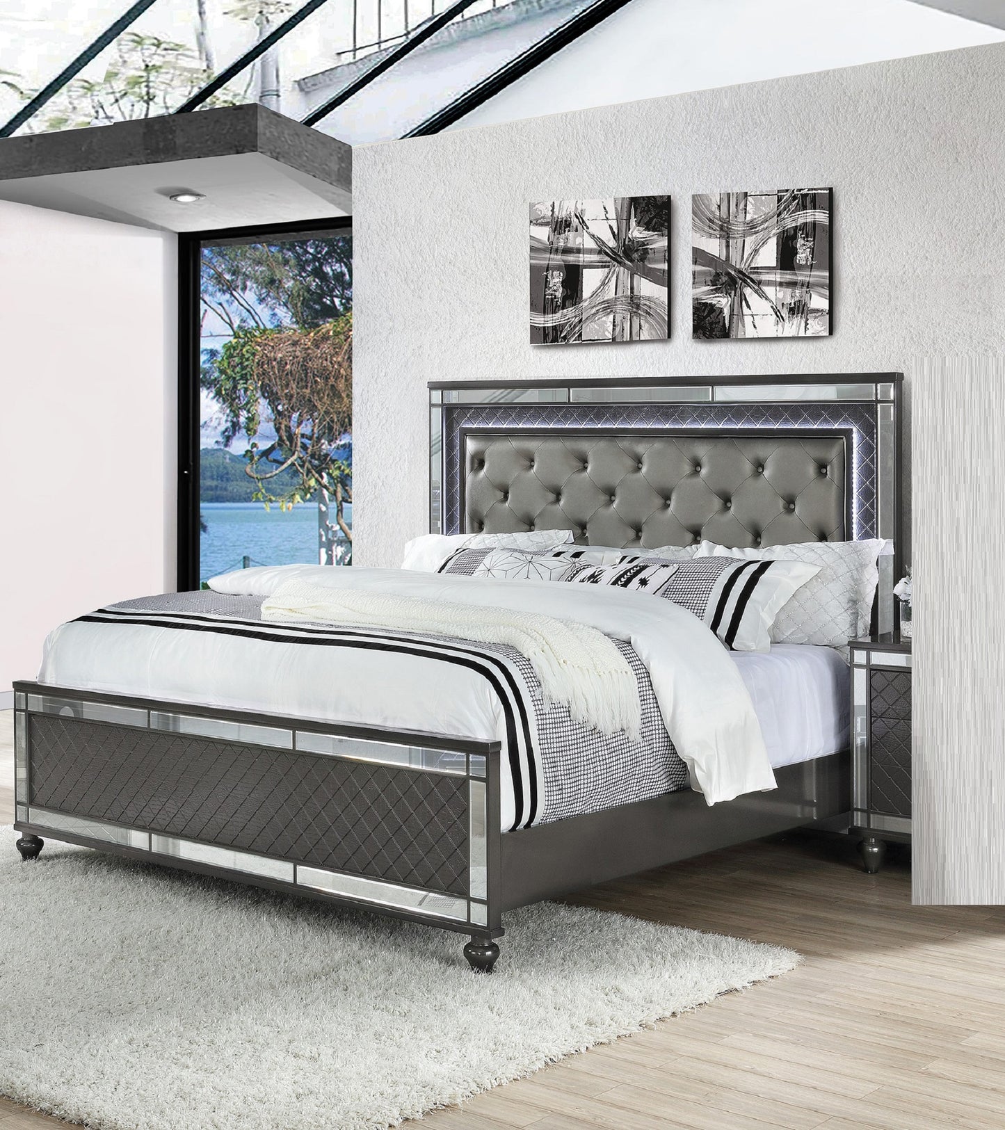Modern Glam Style Upholstered Headboard Button Tufting Glass Inlay 1pc Queen Size Panel  LED Lights Bed Gray Faux Leather Finish Solid Wood Wooden Bedroom Furniture