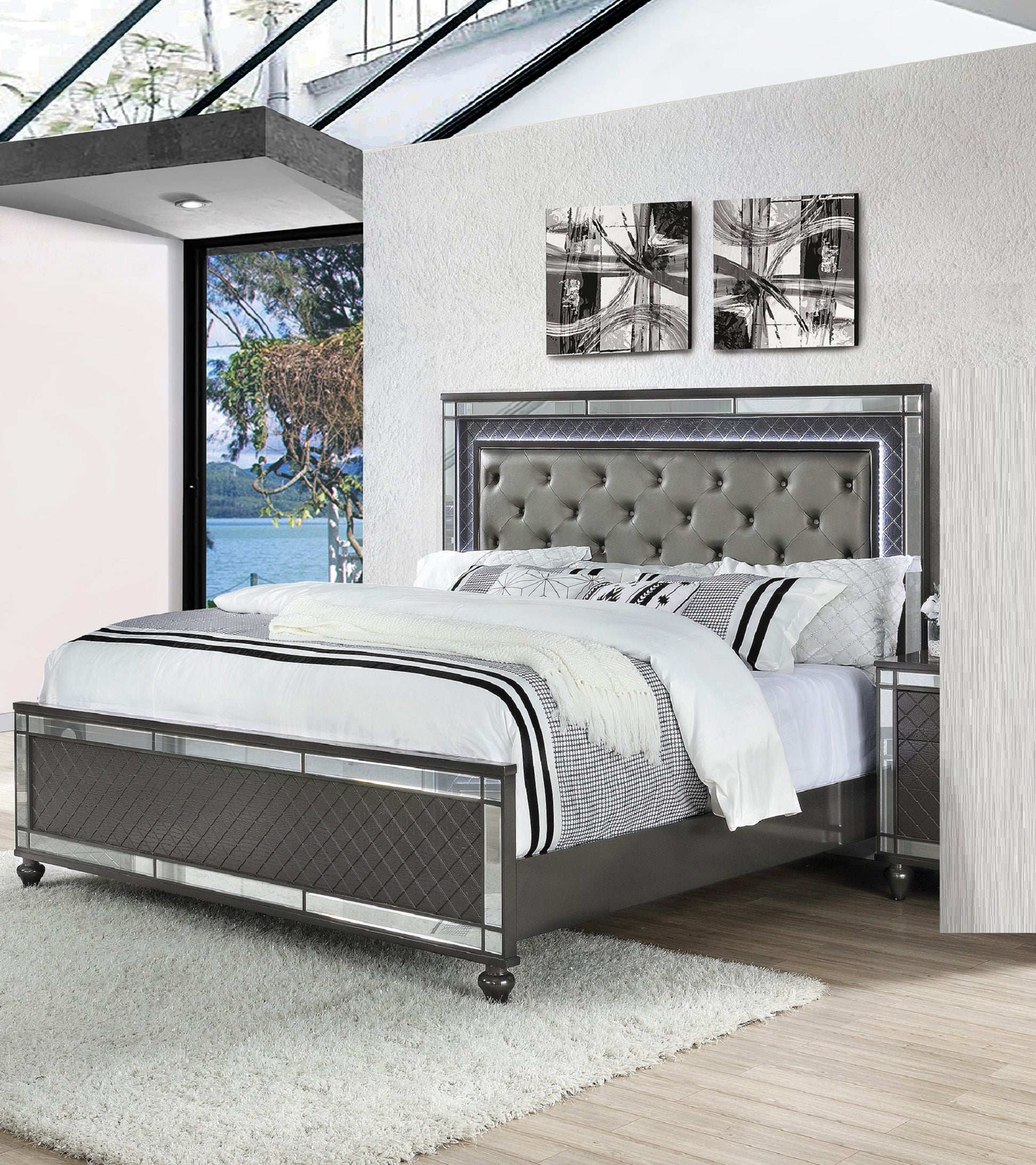 Modern Glam Style Upholstered Headboard Button Tufting Glass Inlay 1pc Queen Size Panel  LED Lights Bed Gray Faux Leather Finish Solid Wood Wooden Bedroom Furniture