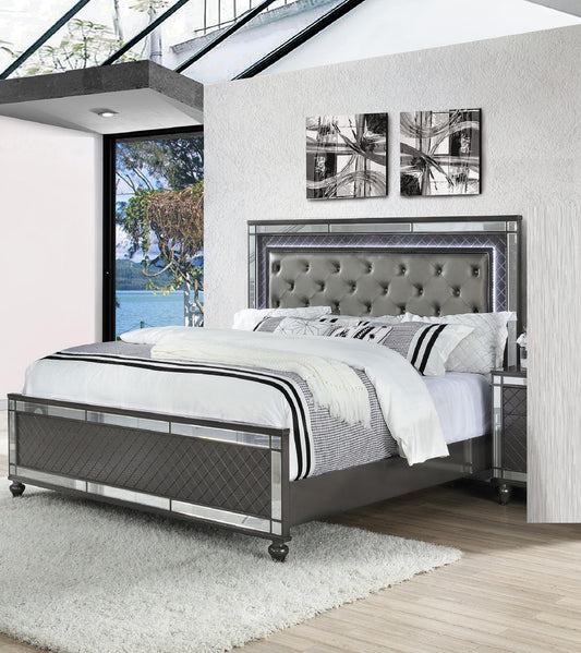 Modern Glam Style Upholstered Headboard Button Tufting Glass Inlay 1pc Queen Size Panel  LED Lights Bed Gray Faux Leather Finish Solid Wood Wooden Bedroom Furniture