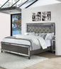 Modern Glam Style Upholstered Headboard Button Tufting Glass Inlay 1pc Queen Size Panel  LED Lights Bed Gray Faux Leather Finish Solid Wood Wooden Bedroom Furniture
