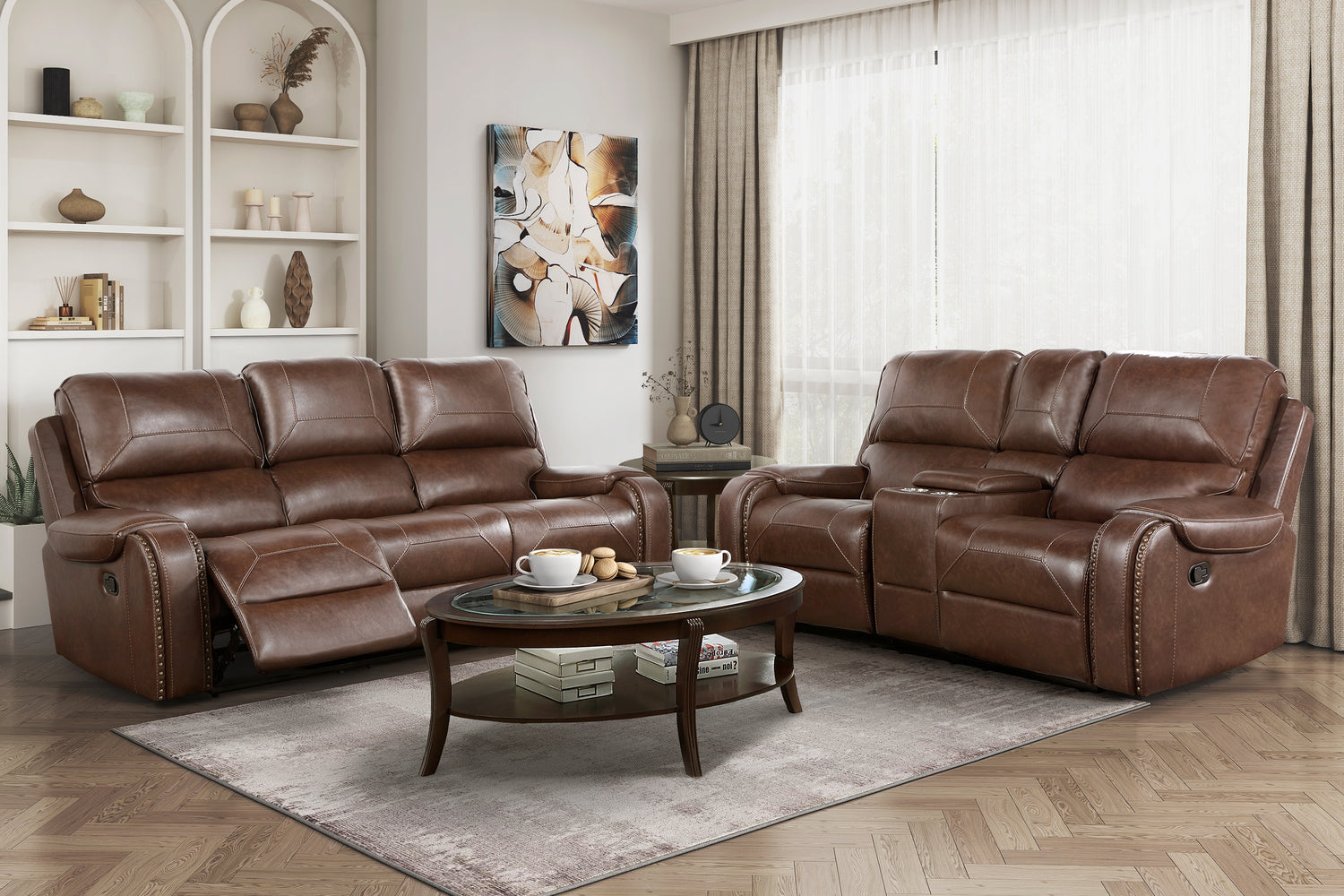 Comfortable Reclining Sofa 2pc Set Brown Faux Leather Upholstered Dual Reclining Sofa Loveseat Nailhead Trim, Power USB Ports, Cupholders, Modern Living Room Furniture