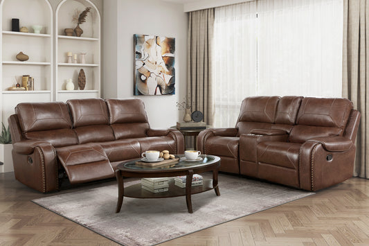 Comfortable Reclining Sofa 2pc Set Brown Faux Leather Upholstered Dual Reclining Sofa Loveseat Nailhead Trim, Power USB Ports, Cupholders, Modern Living Room Furniture