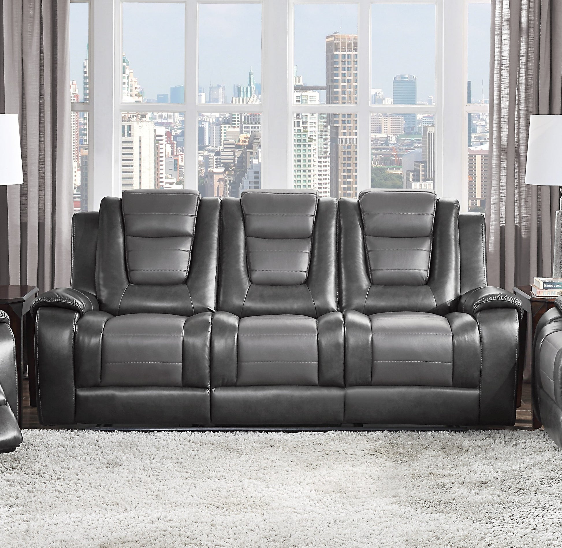 Modern Luxury Sofa Dual Reclining with Center Drop-Down Cup Holders 1pc Formal Living Room Furniture Premium Faux Leather Upholstery Comfortable Two-Tone Gray Finish