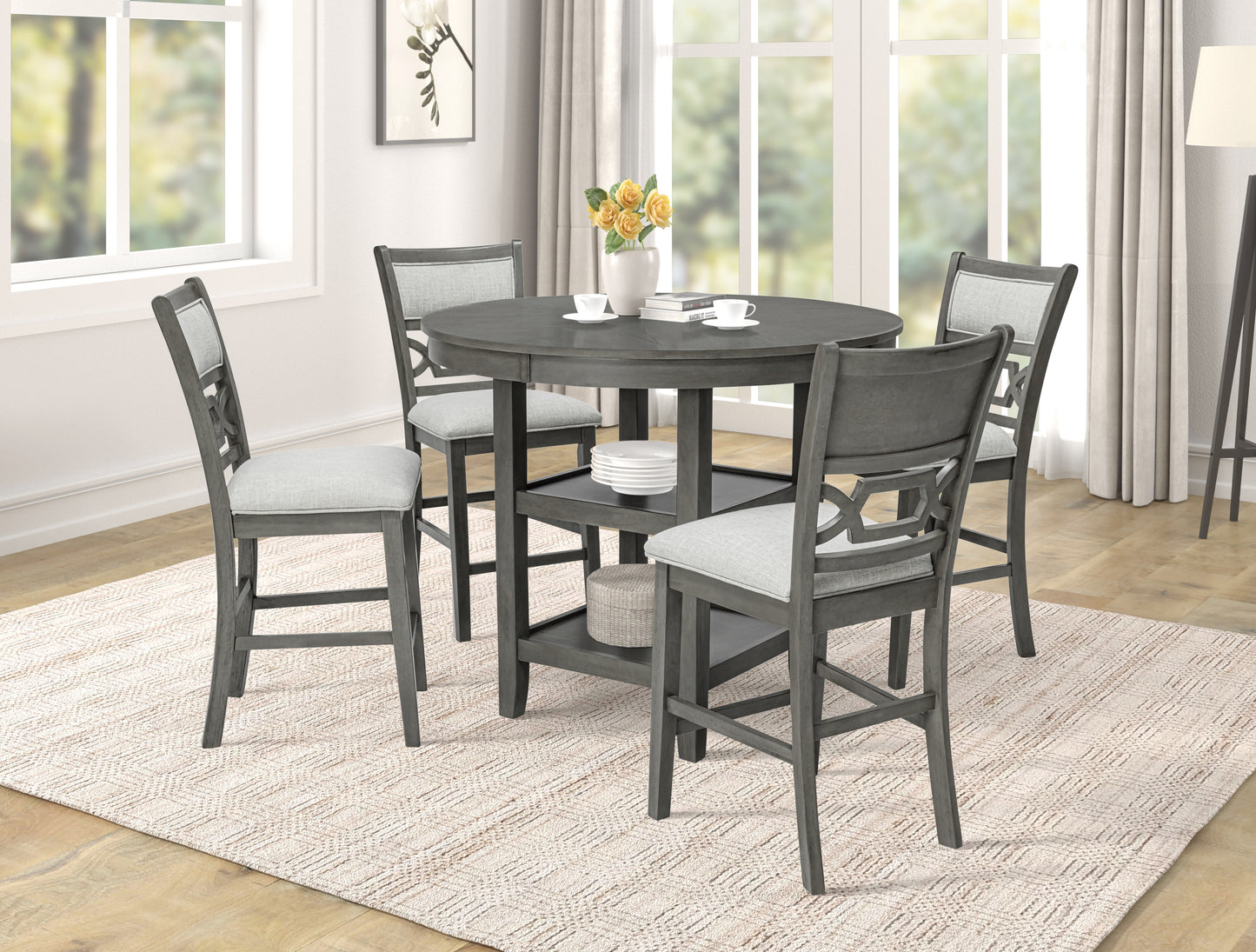 Counter Height Dining 5Pc Pub Height Dining Round Table Set Lower Storage Shelves Dining Room Set Wooden