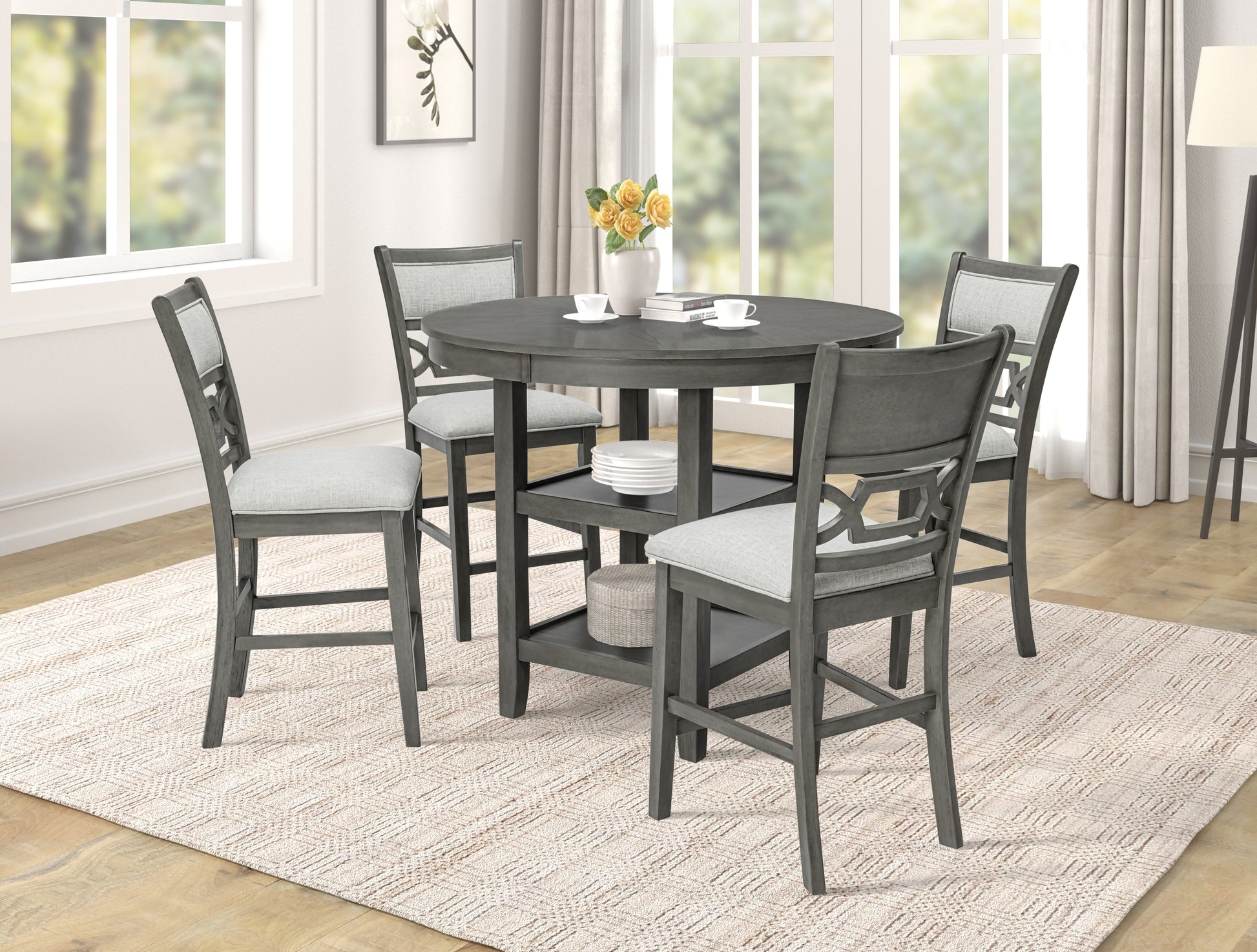 Counter Height Dining 5Pc Pub Height Dining Round Table Set Lower Storage Shelves Dining Room Set Wooden