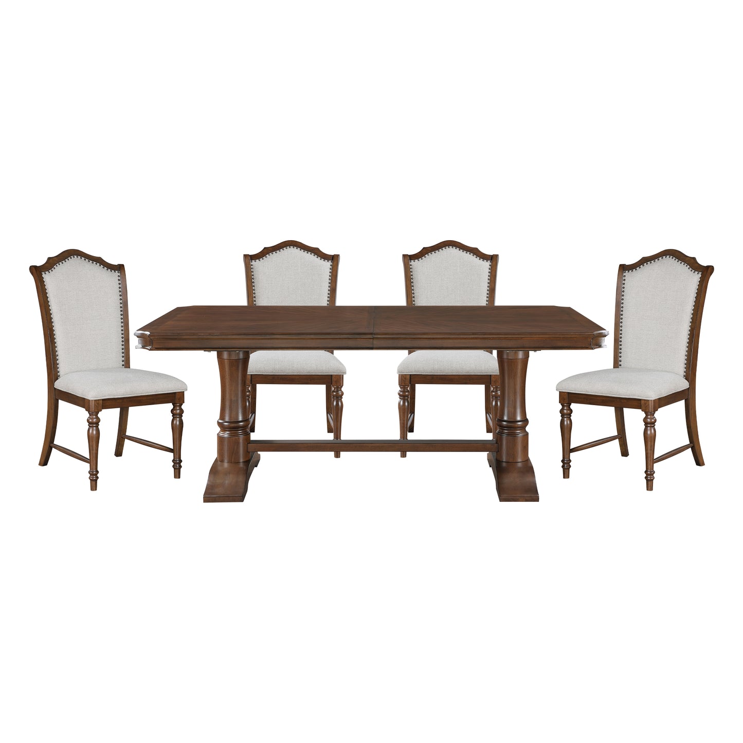 Formal Traditional Dining Set 5pc Table with Extension Leaf and 4 Side Chairs Cherry Finish Fabric Upholstery Nailhead Trim Wooden Furniture