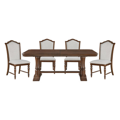 Formal Traditional Dining Set 5pc Table with Extension Leaf and 4 Side Chairs Cherry Finish Fabric Upholstery Nailhead Trim Wooden Furniture
