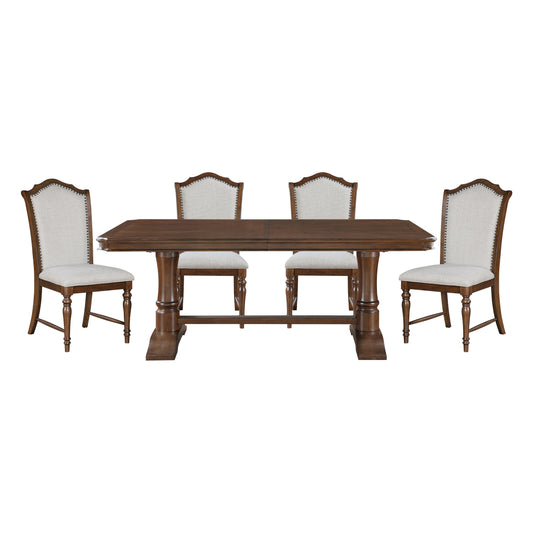 Formal Traditional Dining Set 5pc Table with Extension Leaf and 4 Side Chairs Cherry Finish Fabric Upholstery Nailhead Trim Wooden Furniture