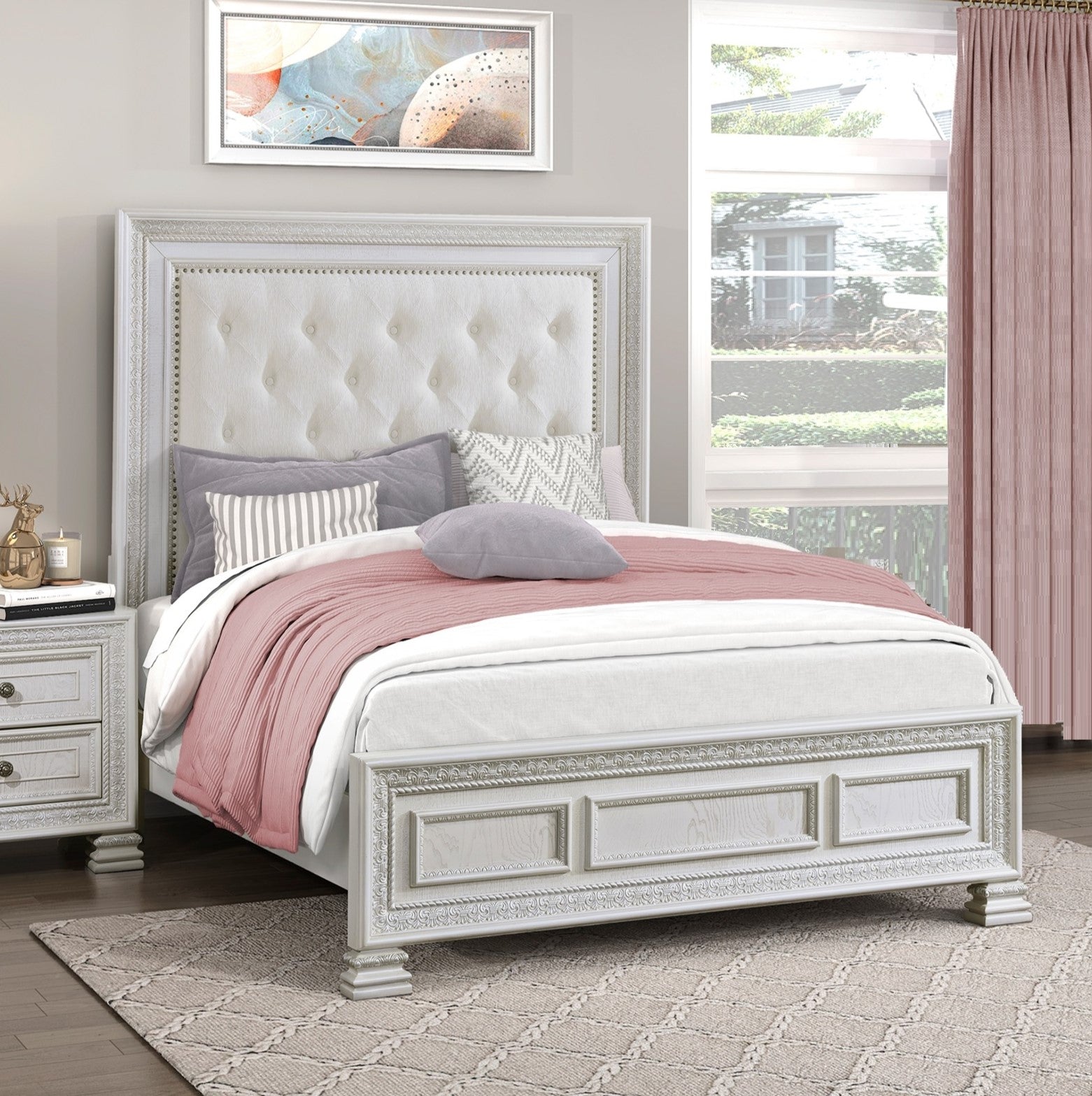 Classic Luxury Pearl White Finish Queen Bed Button Tufted Upholstered Headboard Bedroom Furniture 1pc, Dart Molding Design Panels