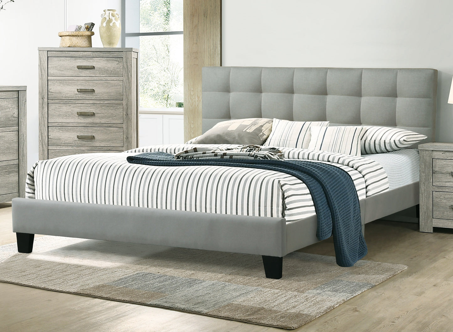 Modern Light Gray Full Size Wood Bed Frame with Tufted Headboard for Bedroom
