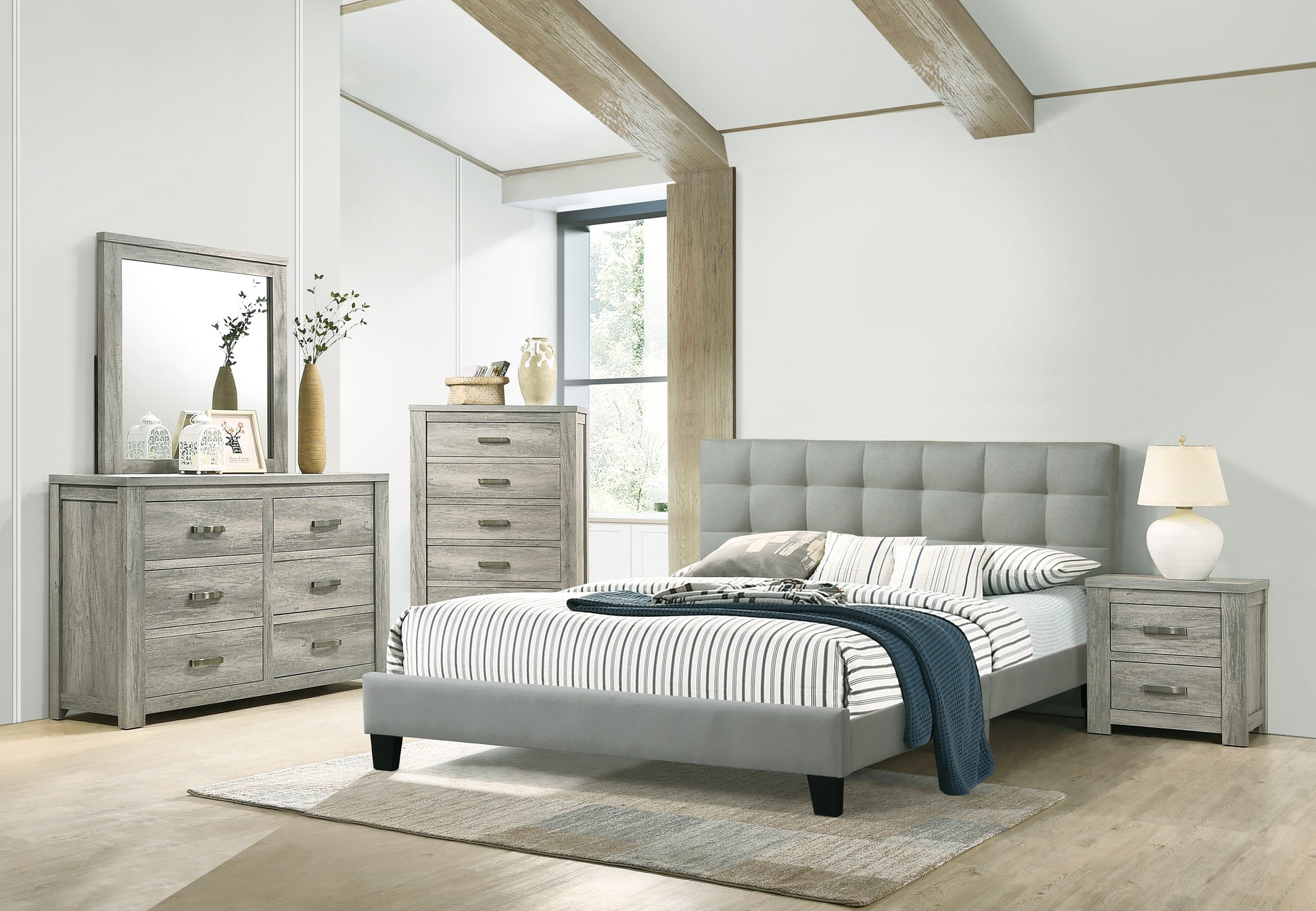 Modern Light Gray Full Size Wood Bed Frame with Tufted Headboard for Bedroom