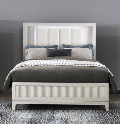 Antique White Finish King Bed with LED Headboard Upholstered Cushion Modern Bedroom Furniture 1pc, Reeded Fronts