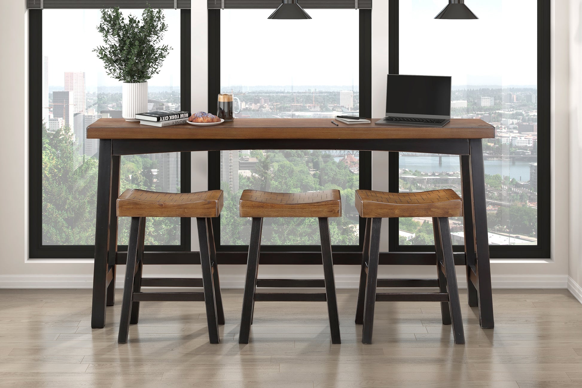 Transitional 4-Piece Counter Height Set, Table and Counter Height Stools Black and Brown Finish Solid Rubberwood Furniture