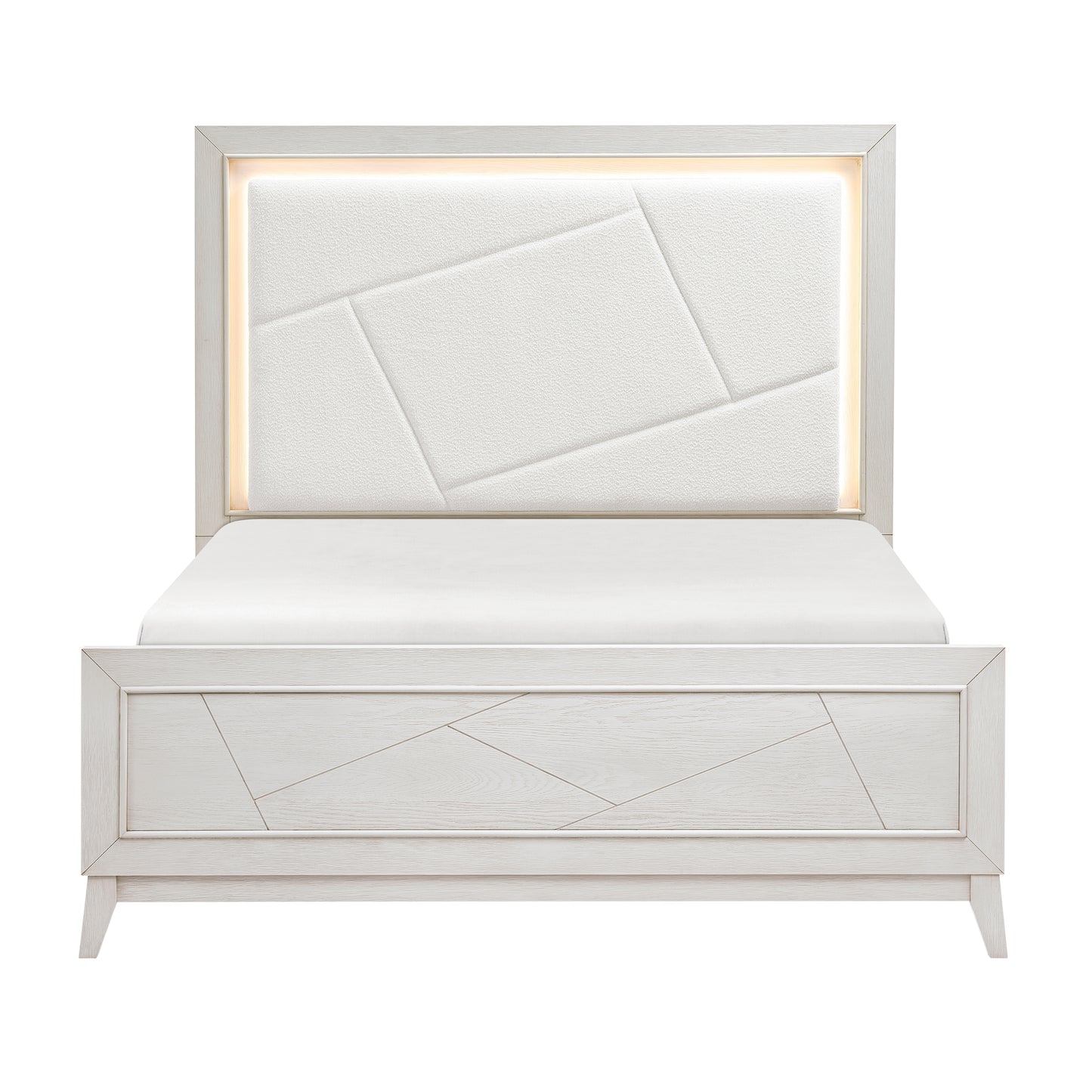 Antique White Finish Queen Bed LED Headboard Chenille Upholstered Modern Bedroom Furniture 1pc