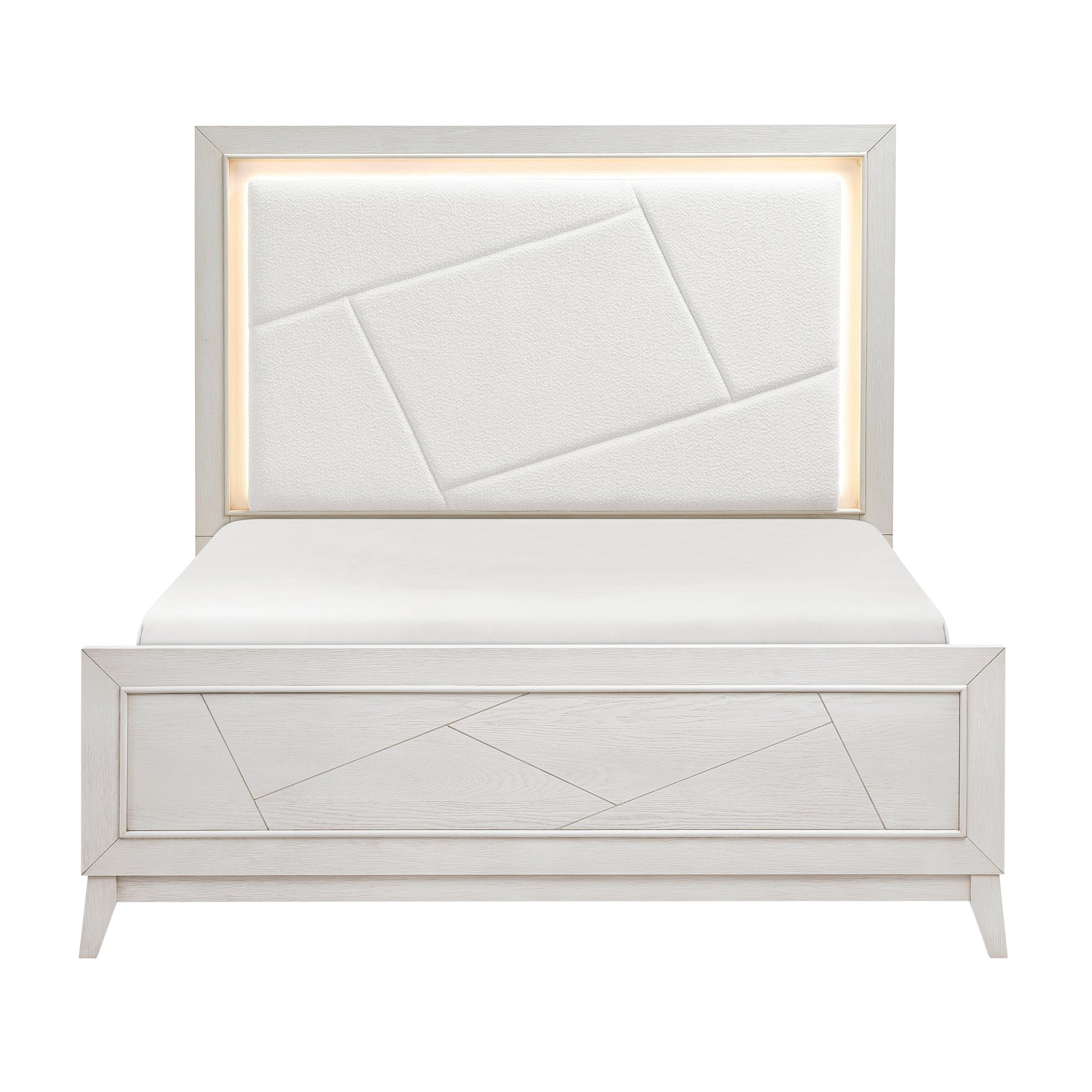 Antique White Finish Queen Bed LED Headboard Chenille Upholstered Modern Bedroom Furniture 1pc