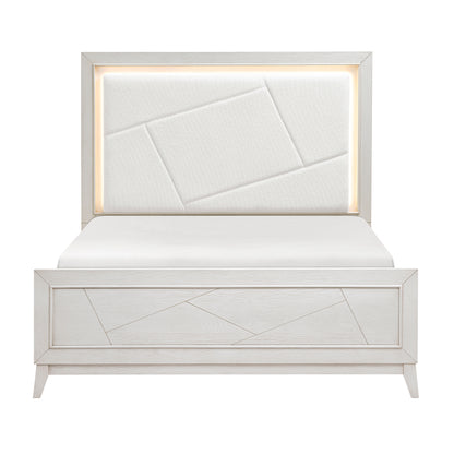 Antique White Finish Queen Bed LED Headboard Chenille Upholstered Modern Bedroom Furniture 1pc
