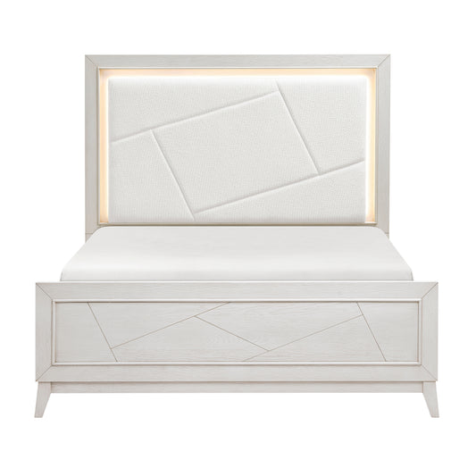 Antique White Finish Queen Bed LED Headboard Chenille Upholstered Modern Bedroom Furniture 1pc
