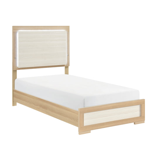Contemporary Natural and White Finish Twin Size Bed LED Panel Headboard Wooden Bedroom Furniture 1pc