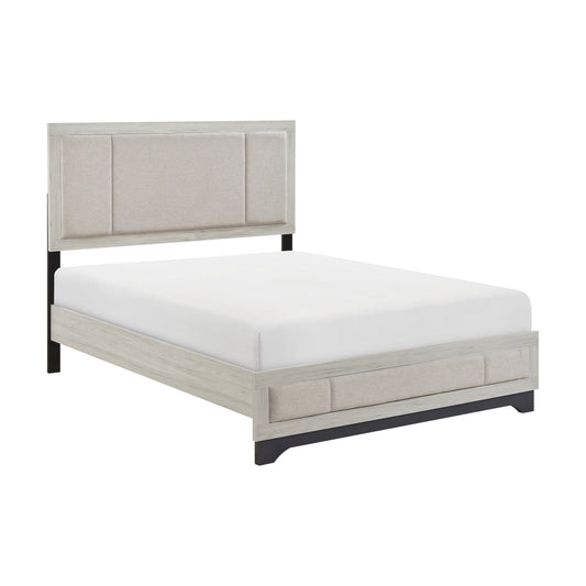 Contemporary Two-Tone White Oak and Gray Finish Platform Queen Bed Upholstered Headboard Footboard Bedroom Furniture 1pc
